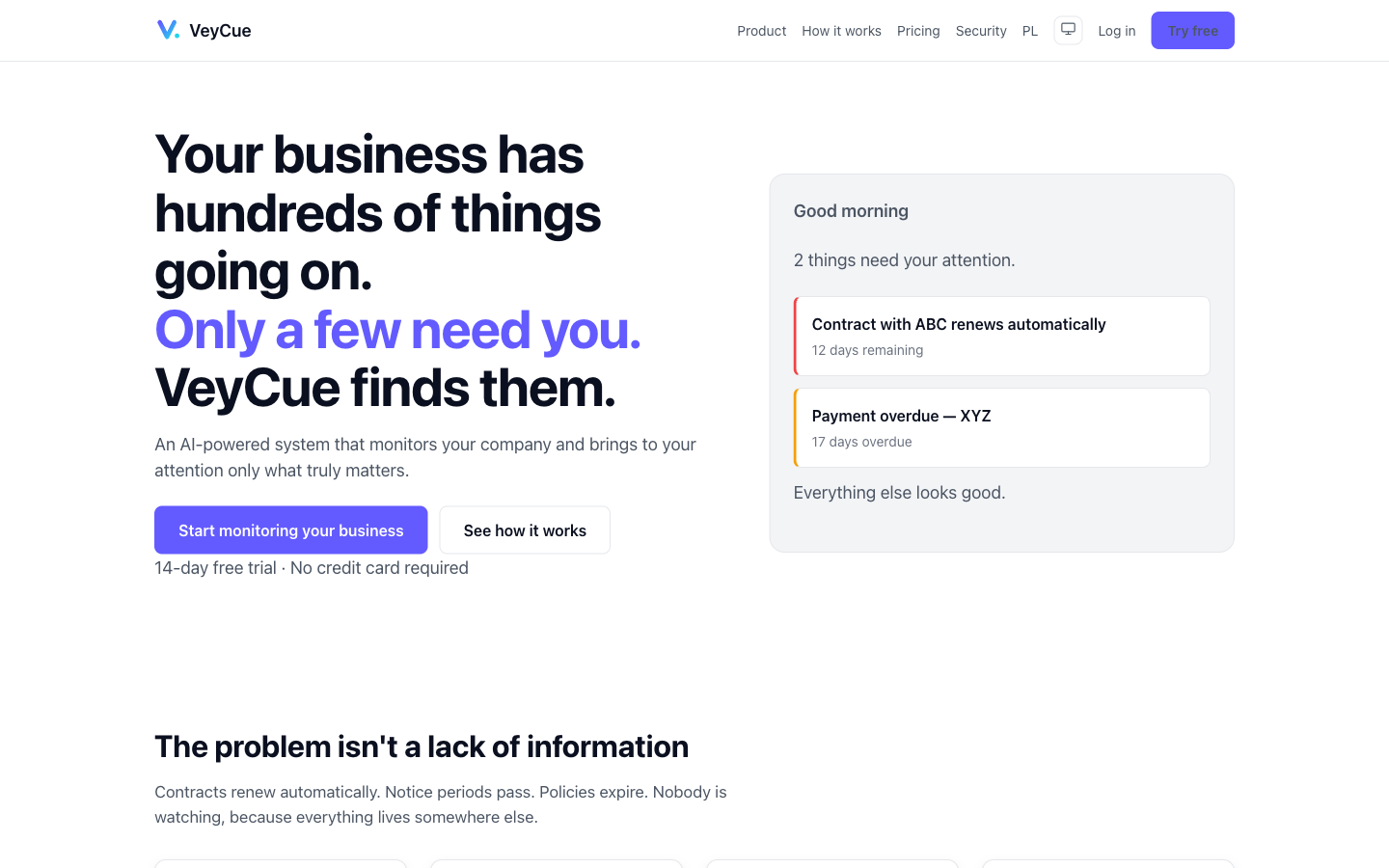 VeyCue product site showing the list of items that need attention